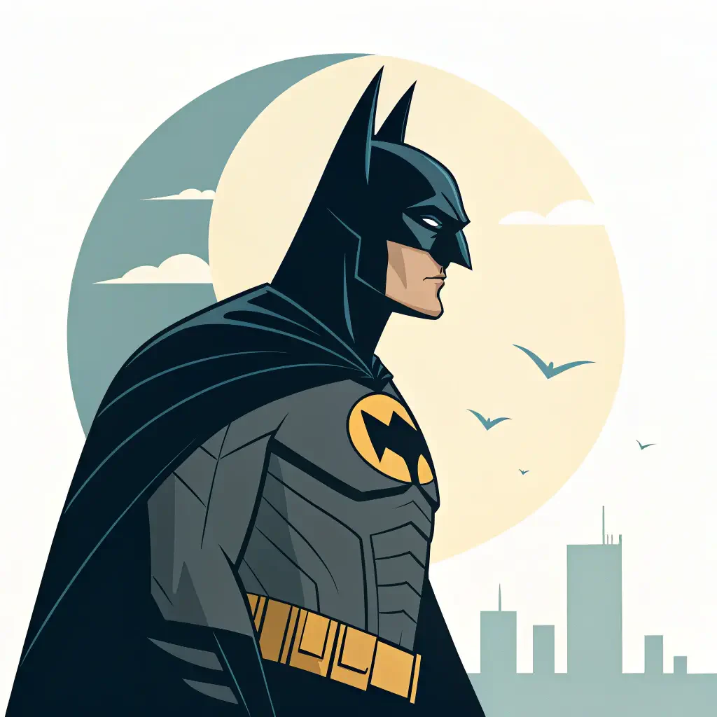 Stylized Batman profile as a forum avatar/profile photo, cape draped against a moonlit city skyline.