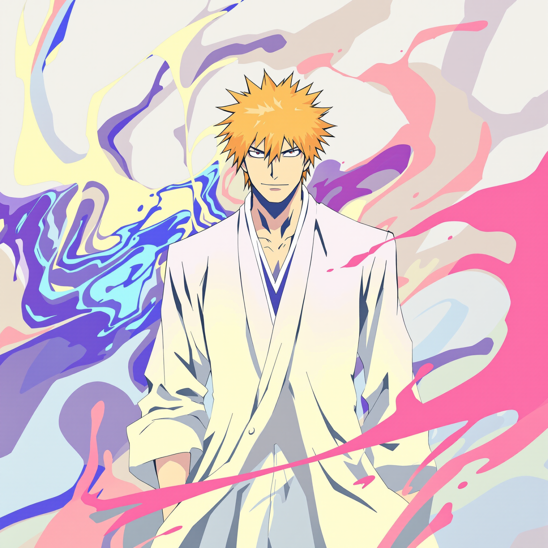 Bleach forum avatar: Ichigo Kurosaki in a white kimono, surrounded by blue and pink swirling energy — stylized profile picture.