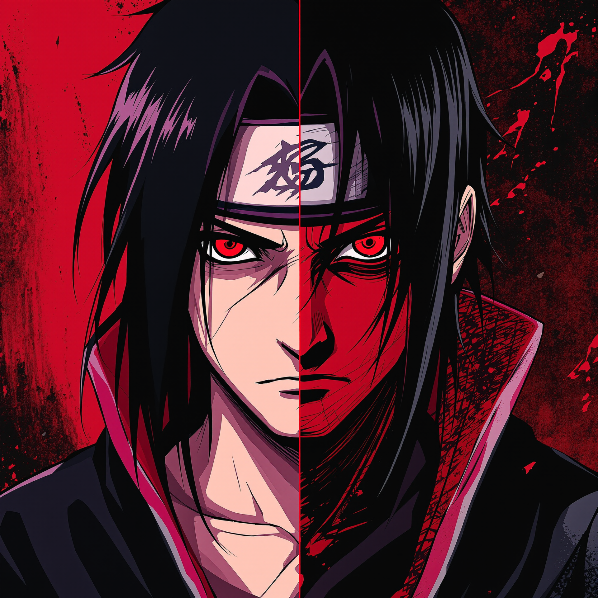 Split close-up portrait of Itachi Uchiha with glowing red Sharingan eyes against a red-black background, presented as a dramatic forum avatar/profile photo.