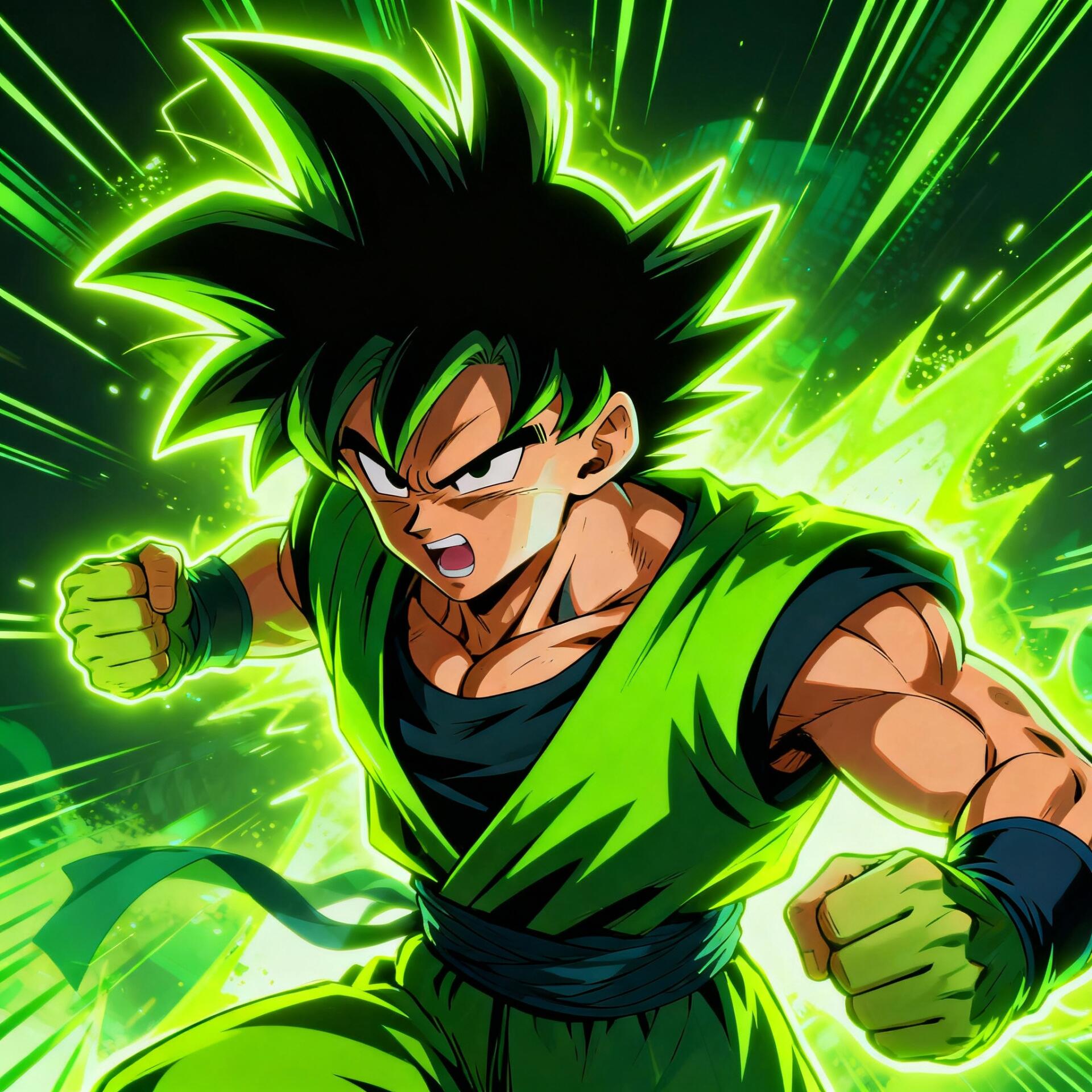 Forum avatar/pfp of Goku powering up in a green gi, fists clenched and surrounded by a vivid, crackling green energy aura.