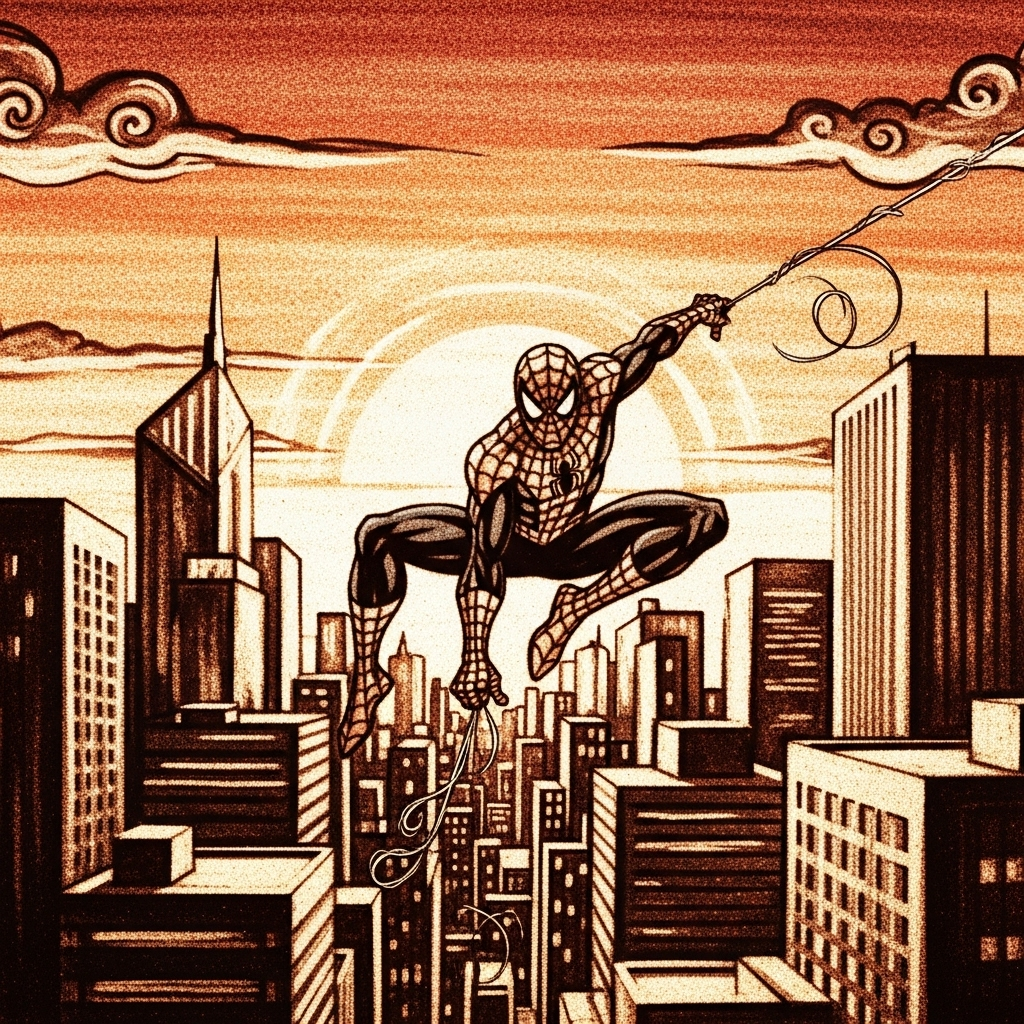 Stylized Spider-Man forum avatar/pfp: swinging over a dusky city skyline with webs trailing against an orange sunset.