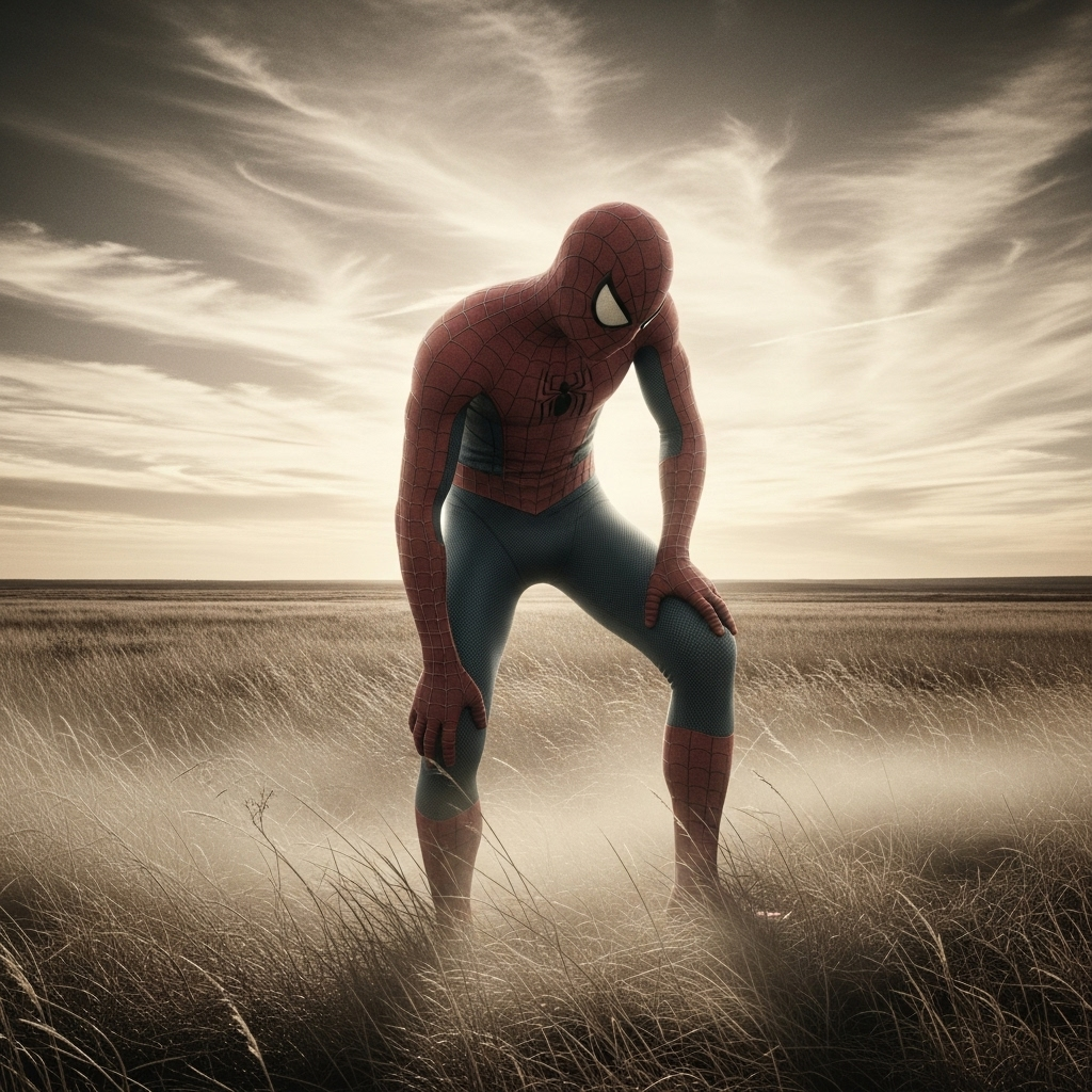 Forum avatar/profile photo of Spider-Man crouched in windswept grass under a dramatic, cloudy sky, rendered in moody, desaturated tones.