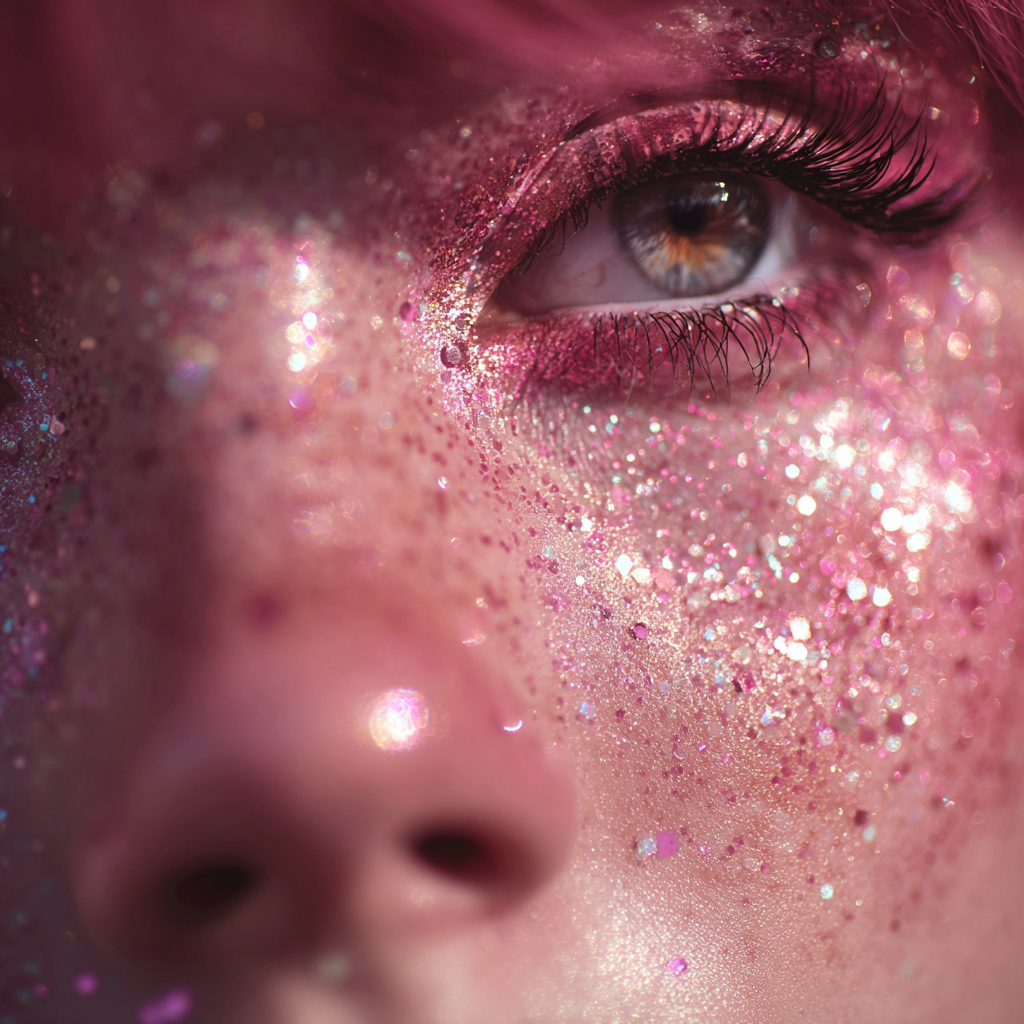 Close-up of a woman's eye and cheek dusted in pink glitter, stylized forum avatar/pfp.
