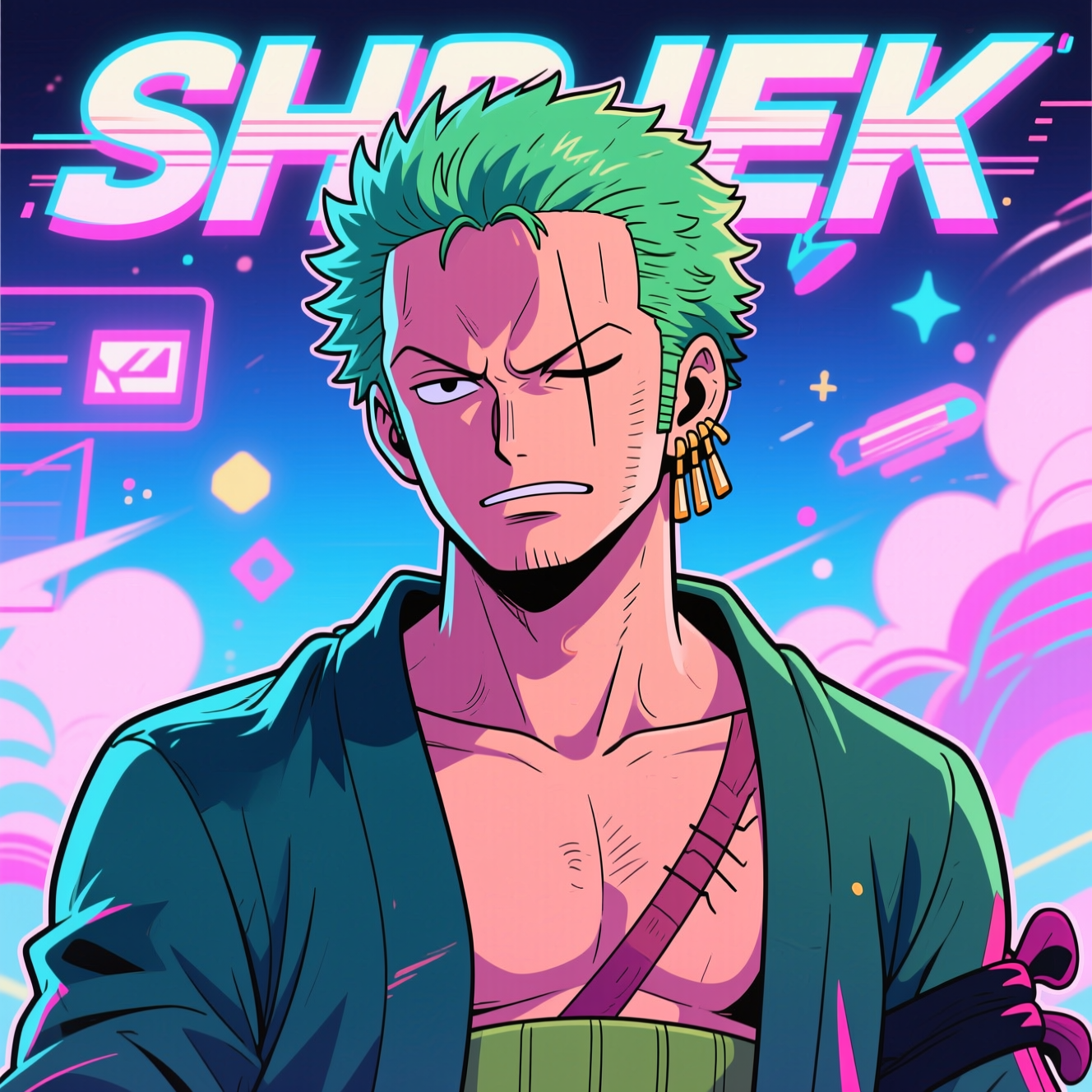 Forum avatar/pfp of Roronoa Zoro, green‑haired swordsman with a scarred eye, open robe showing chest scar, stern expression against a neon retro backdrop.