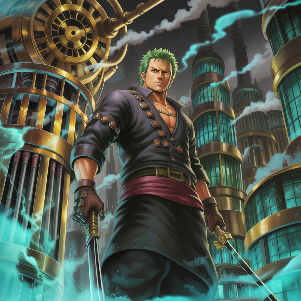 Forum avatar of Roronoa Zoro standing amid stormy, teal-lit industrial towers, green hair, three swords at the ready and a determined expression.
