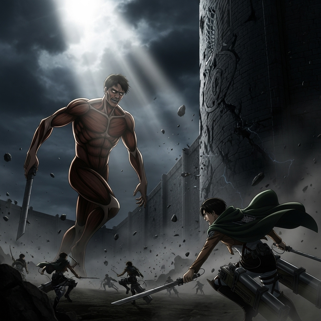Attack on Titan forum avatar: a towering Titan looms over Survey Corps soldiers amid stormy skies and crumbling ruins, blades drawn for a desperate fight.