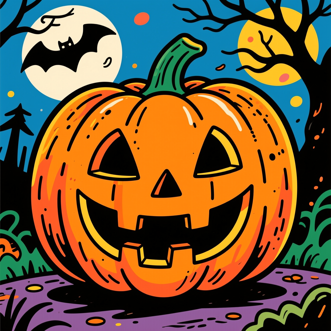Halloween forum avatar/pfp: bright, grinning jack-o'-lantern in a colorful spooky night scene with moon, bat and bare trees.