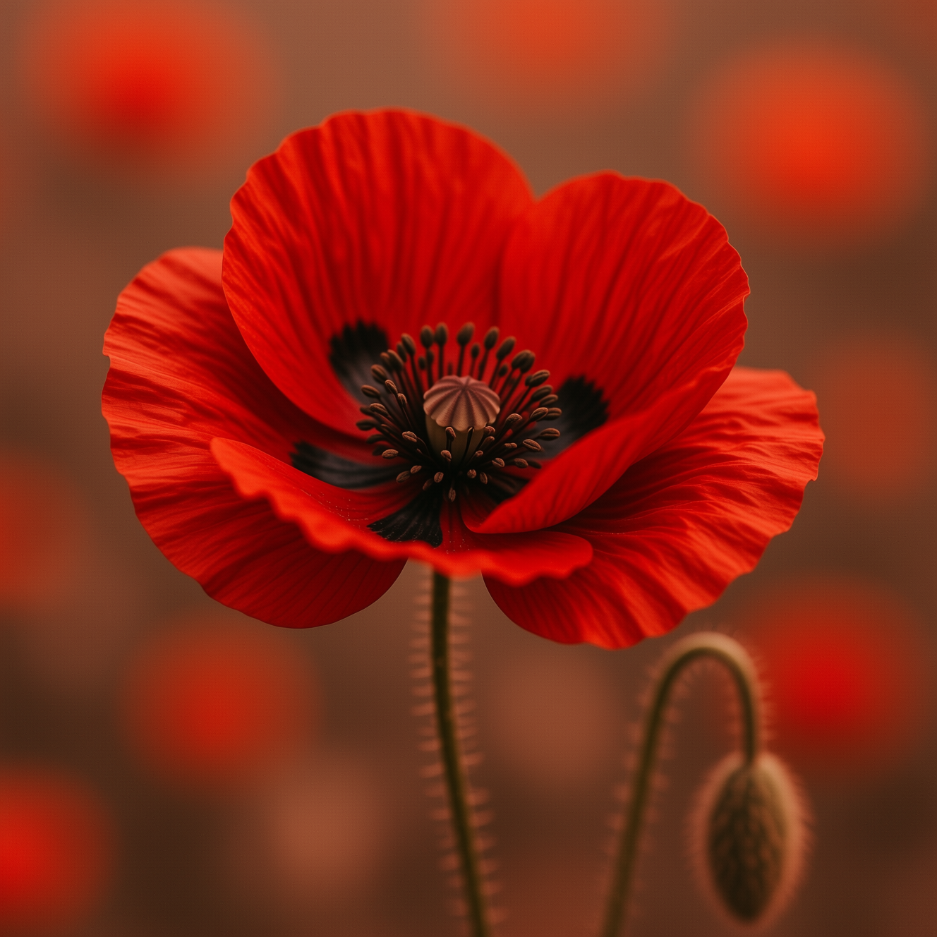 Red poppy close-up with a dark center and soft red bokeh background, presented as a forum avatar/pfp.