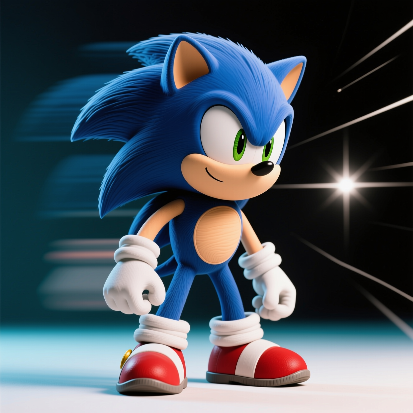 Forum avatar of Sonic the Hedgehog standing in a ready pose, blue spines and green eyes, white gloves and red shoes against a blurred motion background.