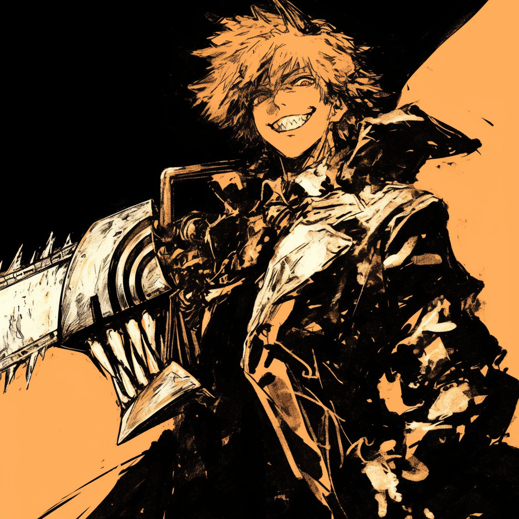 Yellow-toned dark-anime pfp of Denji (Chainsaw Man) grinning, clutching a large chainsaw over his shoulder in a rough, sketchy style.