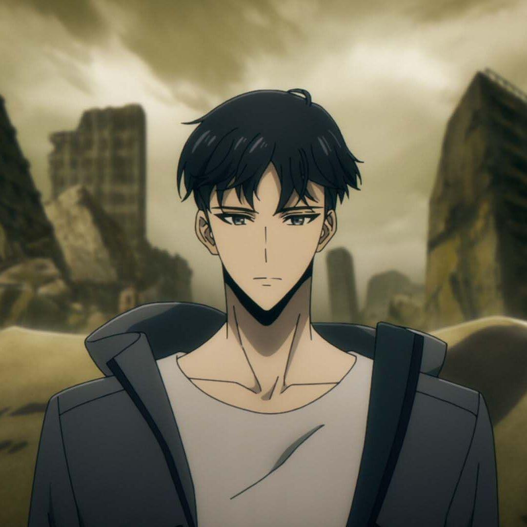 Forum avatar of Sung Jin-Woo from Solo Leveling — anime portrait of him with dark hair and a stoic expression set against a ruined cityscape.
