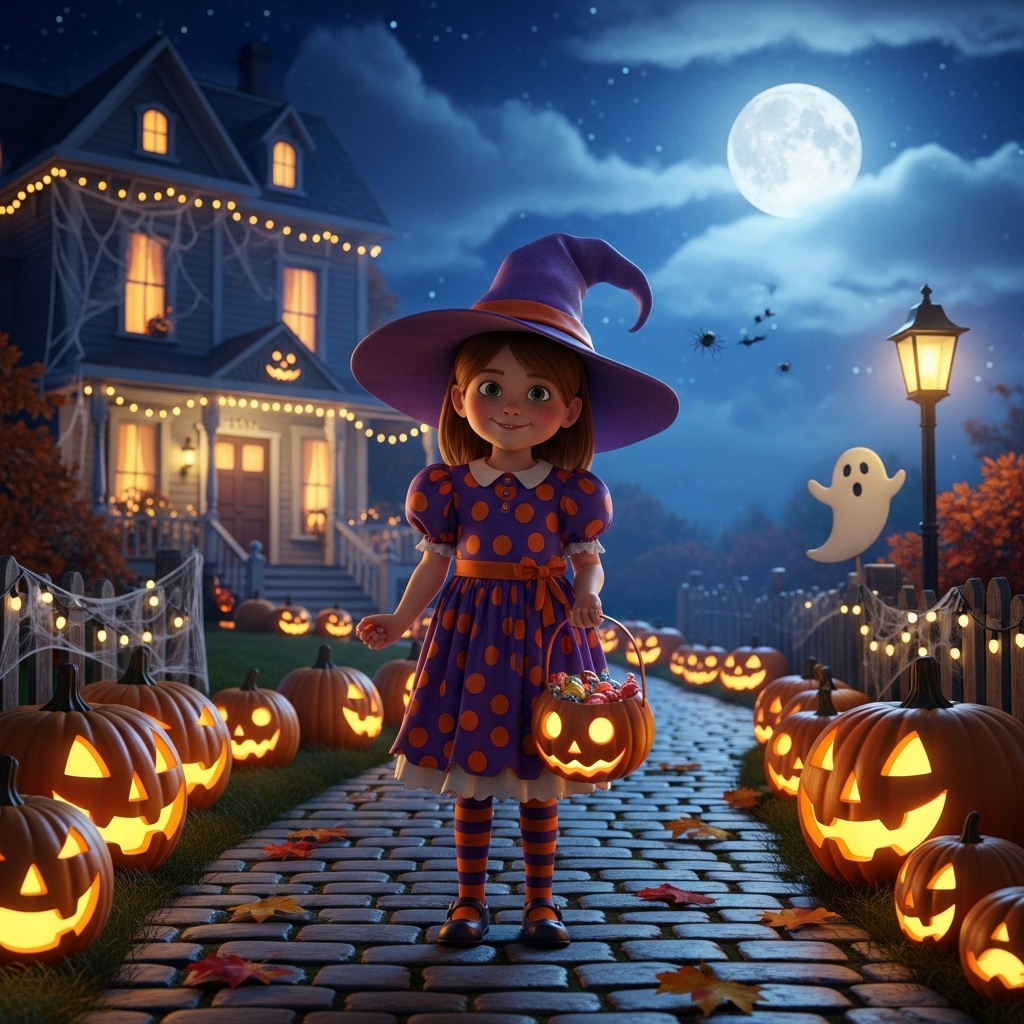 Cute Halloween forum avatar: young witch in a purple dress and hat holding a glowing jack-o'-lantern on a lantern-lit path, full moon overhead and a friendly ghost nearby.