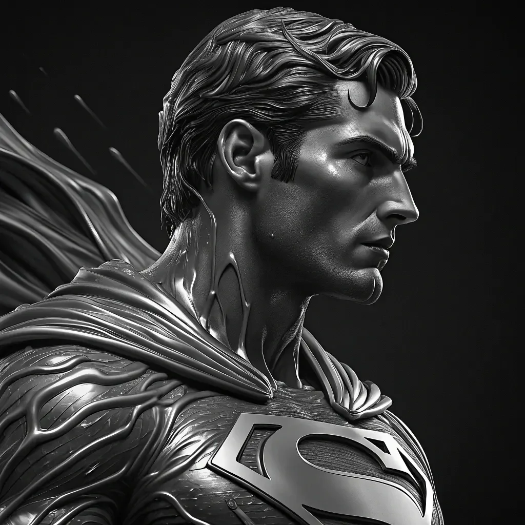 Monochrome forum avatar of Superman in profile, sculpted metallic detail on suit and cape, prominent S emblem and a determined expression.