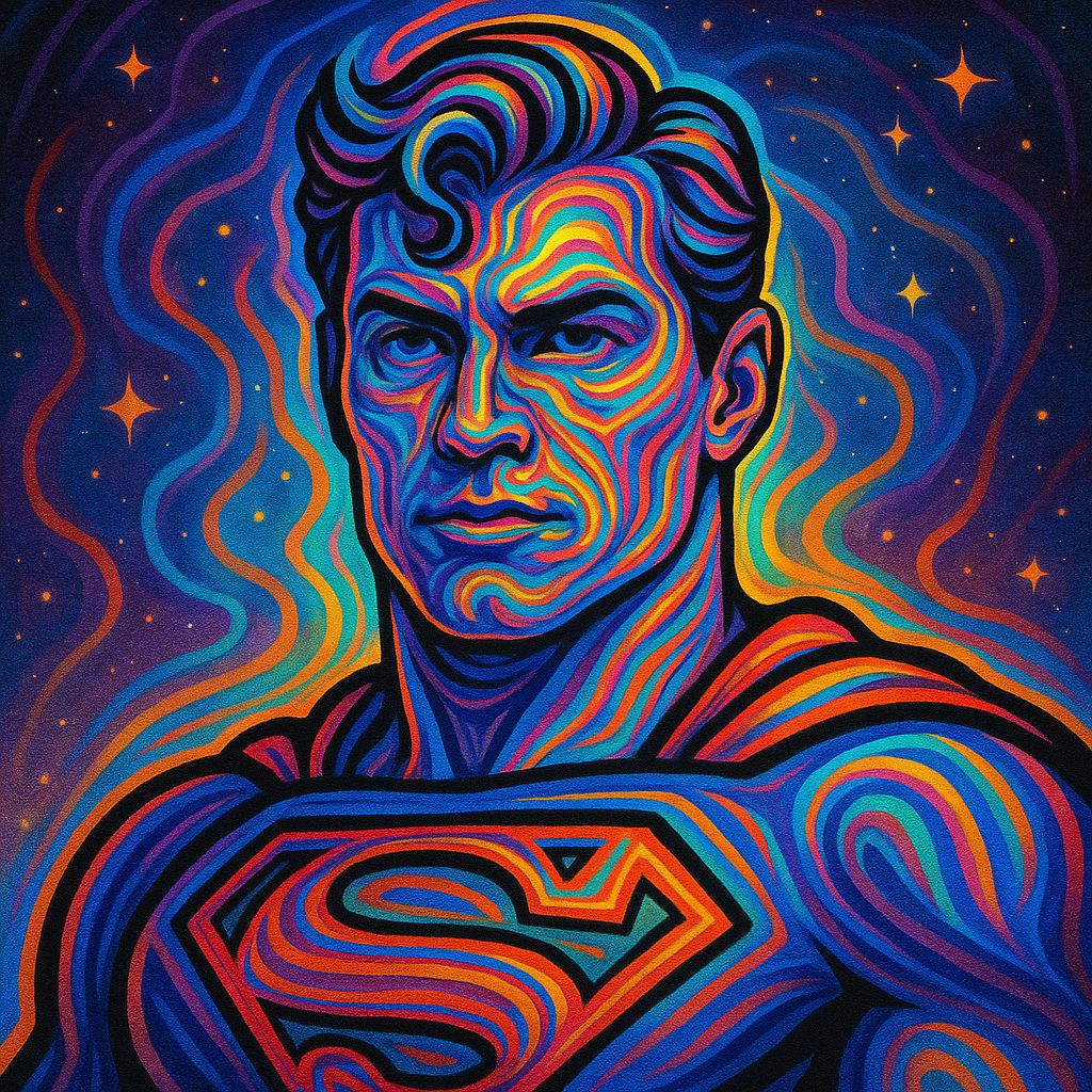 Vibrant psychedelic neon portrait of Superman with glowing S emblem, rendered as a bold forum avatar/profile photo.