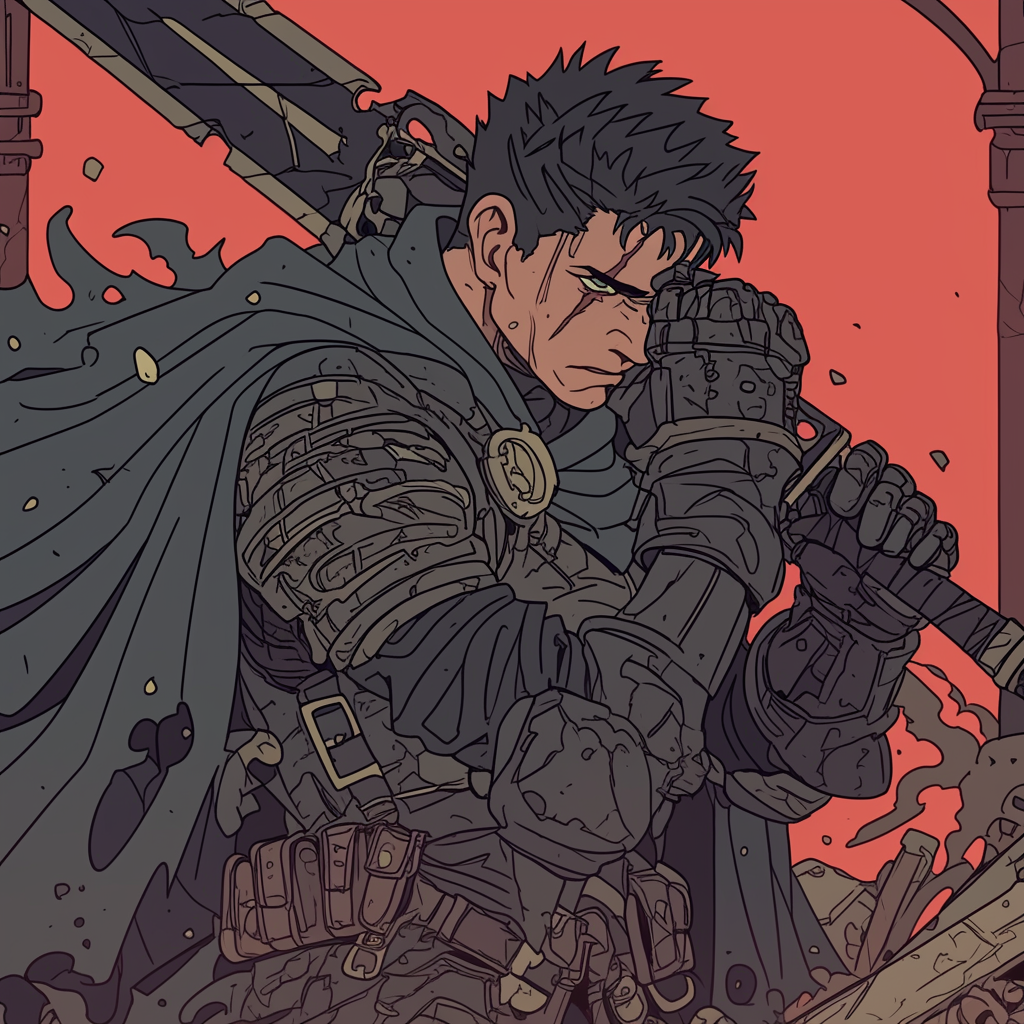 Anime forum avatar/pfp of Guts (Berserk): grim, armored swordsman clutching a massive sword with a tattered cloak against a red backdrop.