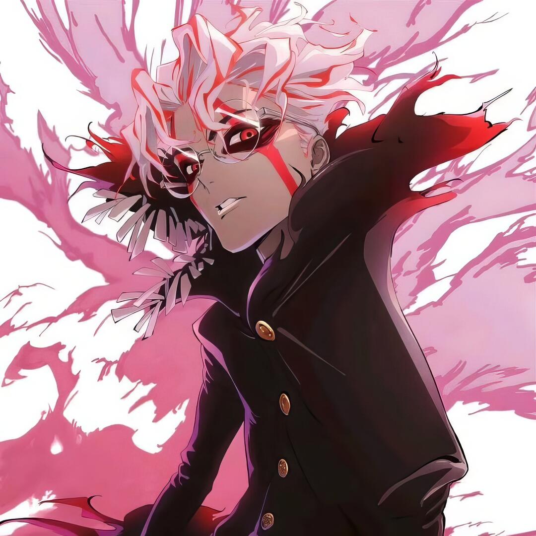 Anime forum avatar in Dandadan style: defiant character with wild white-pink hair and a swirling pink aura, aura-farming energy; image tagged Ken Takakura.