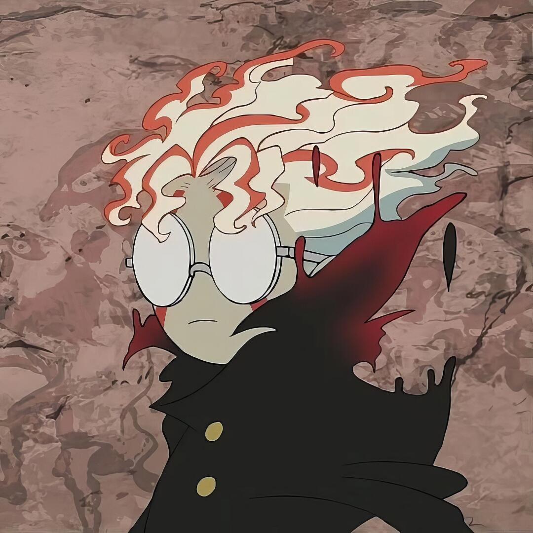 Anime Dandadan forum avatar — cloaked figure with round reflective glasses and flame-like white-and-red hair on a textured brown background. Tags: Ken Takakura.