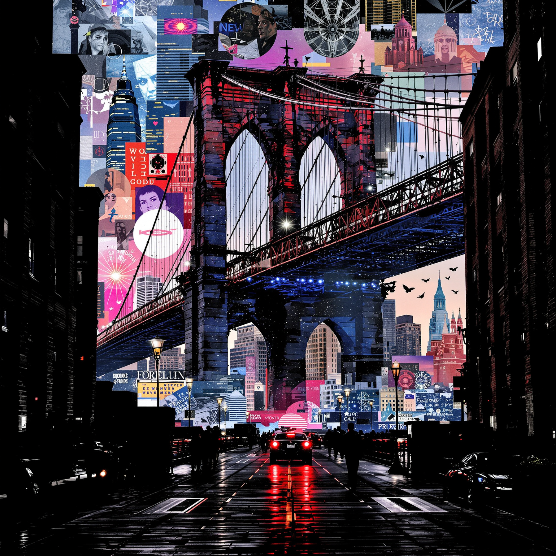 Stylized night view of the Brooklyn Bridge over a neon collage cityscape, bold colorful artwork used as a forum avatar/pfp.
