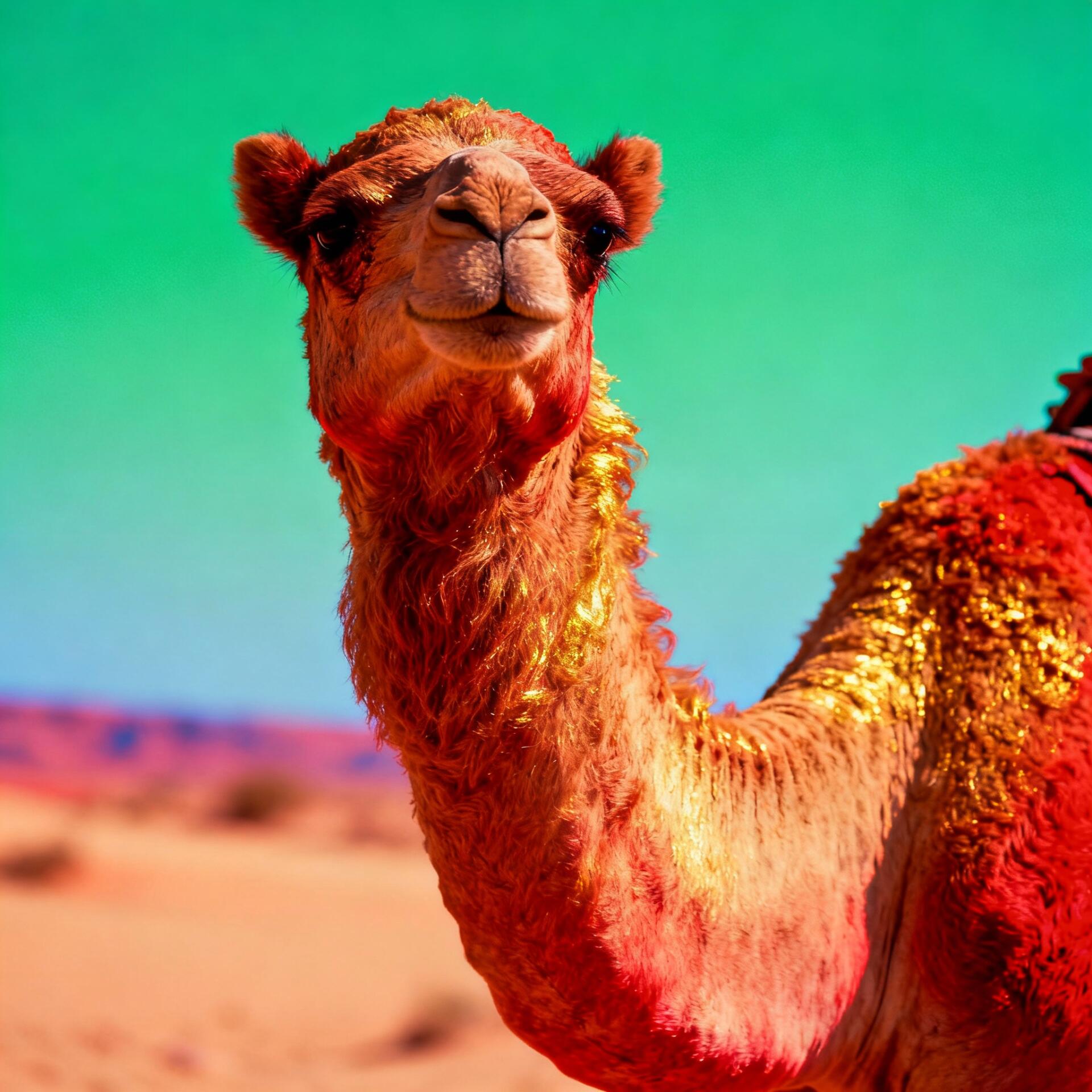 Forum avatar/pfp of a decorated camel — close-up profile with red and gold-tinged fur against a bright turquoise desert sky.