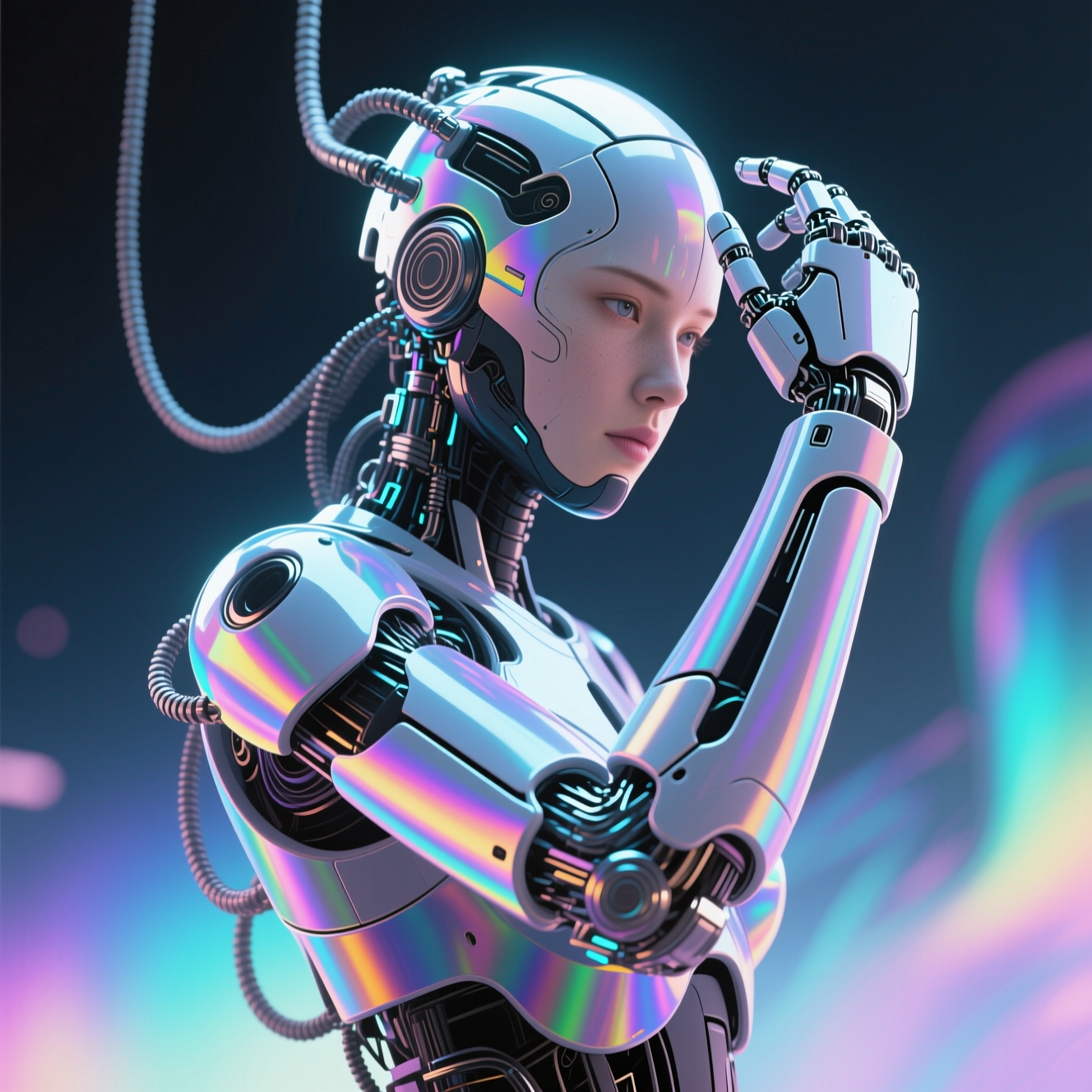 Iridescent humanoid with a visible cybernetic arm and cables, posed thoughtfully as a stylized forum avatar/profile photo.