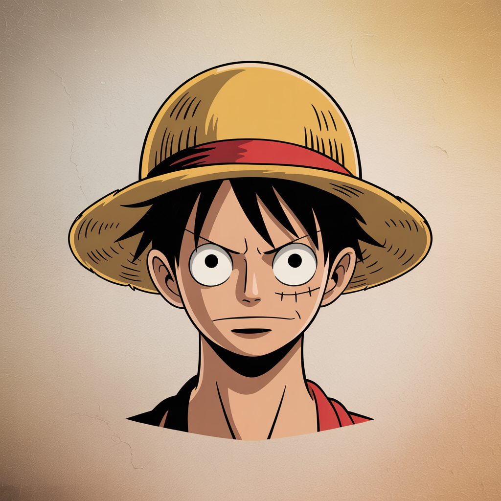 Forum avatar of Monkey D. Luffy: close-up headshot with straw hat, wide eyes and the signature scar under his left eye on a warm gradient background.