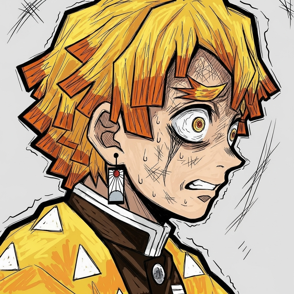 Forum avatar of Zenitsu Agatsuma, profile view with anxious expression, sweat and scratches on his face, yellow hair and triangle-patterned haori.