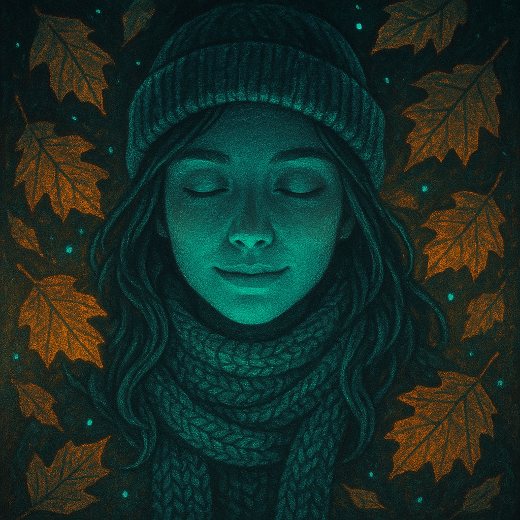 Cozy autumn forum avatar: serene person with closed eyes in teal light, wearing a knit beanie and scarf, framed by falling orange maple leaves.