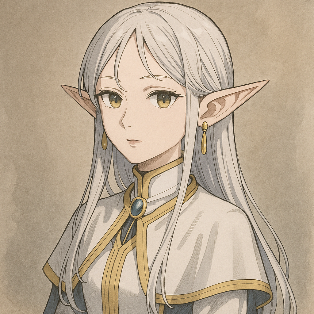 Profile avatar of Frieren from Frieren: Beyond Journey's End — silver-haired elven mage with gold eyes, white robe, jeweled collar and dangling earrings, three-quarter view.