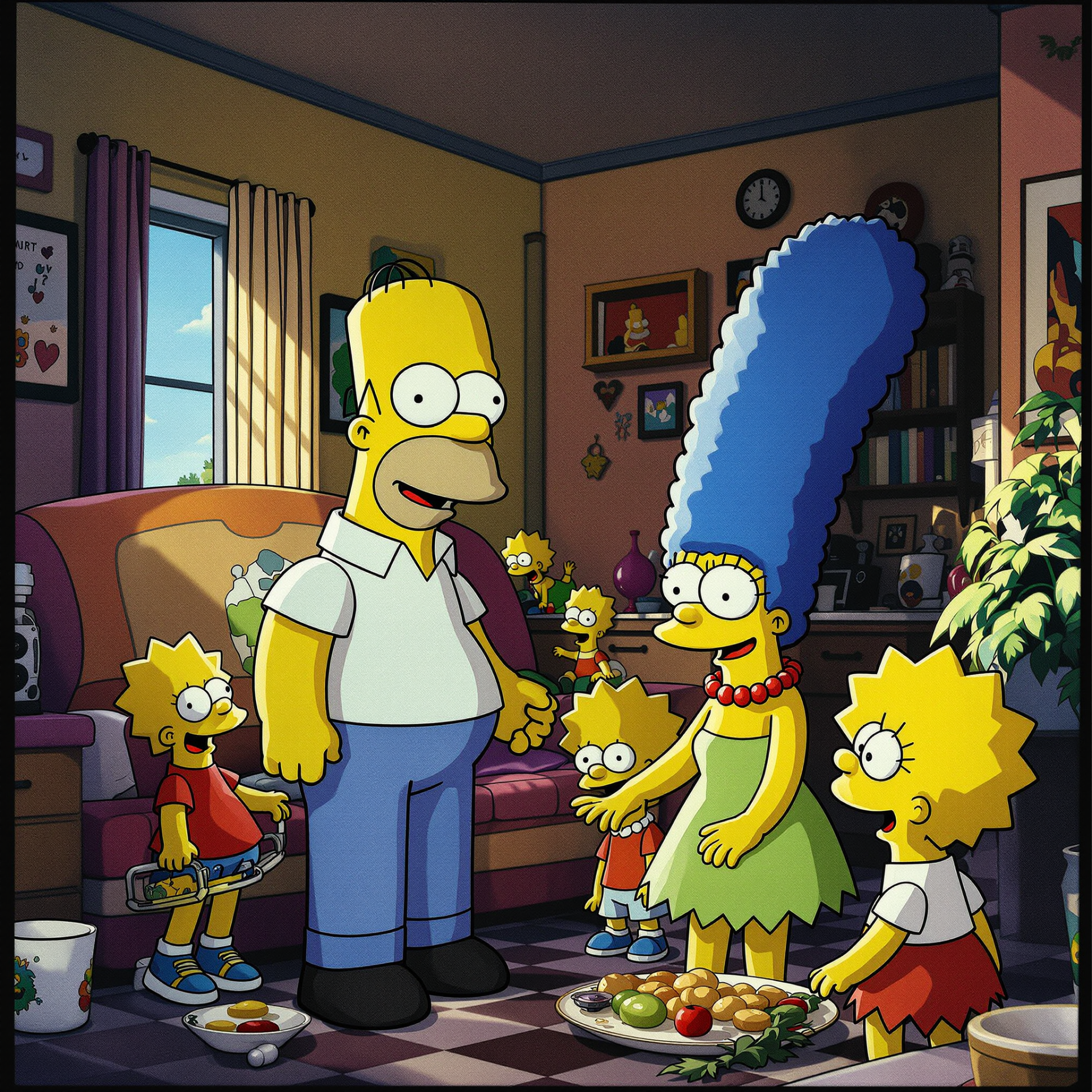 Forum avatar of The Simpsons family: Homer, Marge, Bart, Lisa and Maggie smiling together in their living room in bright cartoon style.
