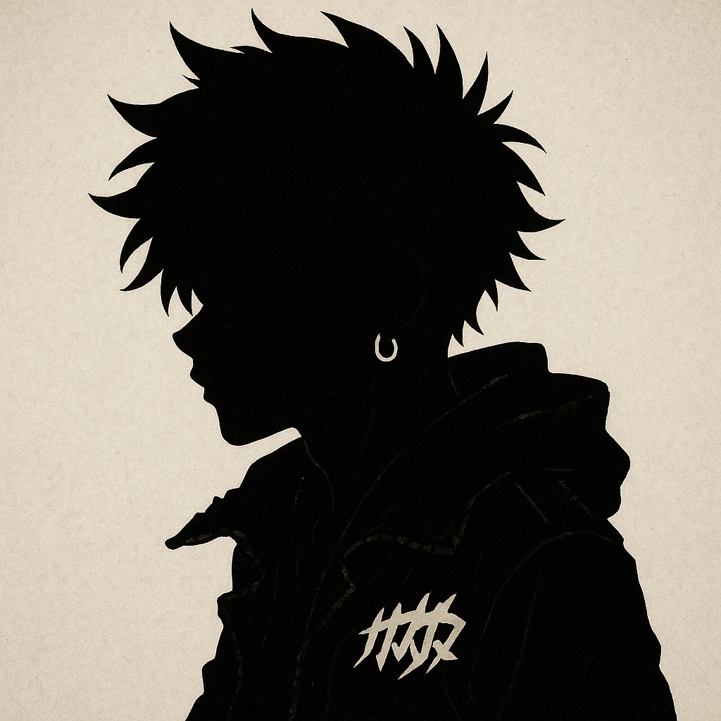 Forum avatar: black silhouette of a spiky-haired profile in a hoodie with a hoop earring and a white stylized chest logo on a beige background.
