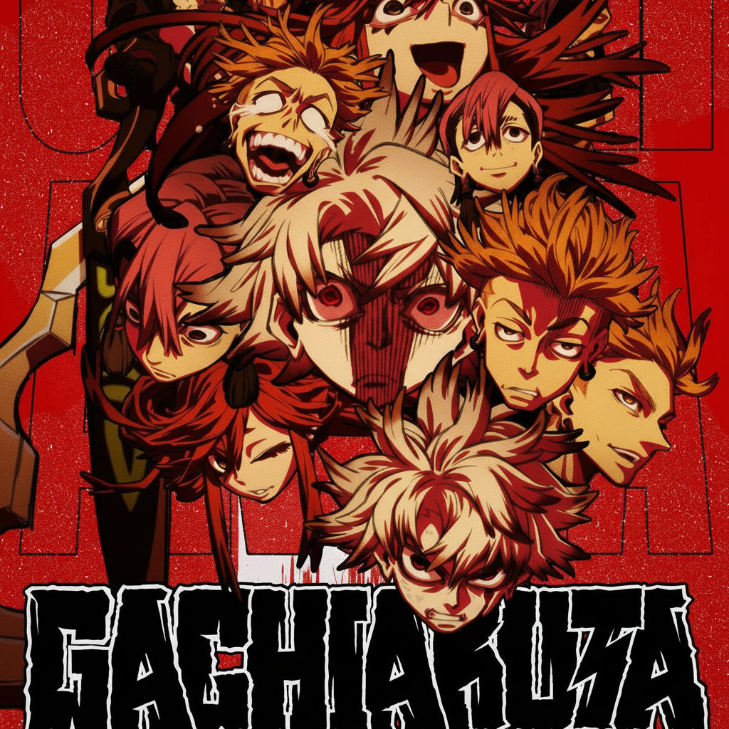 Anime Gachiakuta forum avatar/pfp: collage of intense, expressive characters in red tones with a bold Gachiakuta logo.