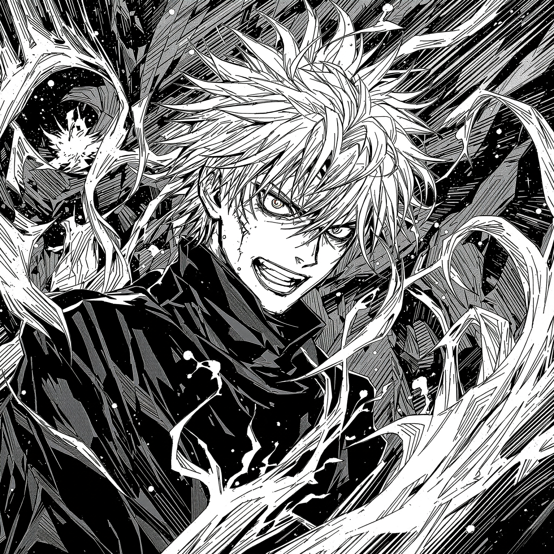 Black-and-white manga-style forum avatar of Sukuna (Jujutsu Kaisen): spiky-haired, grinning with intense eyes, surrounded by swirling cursed energy.