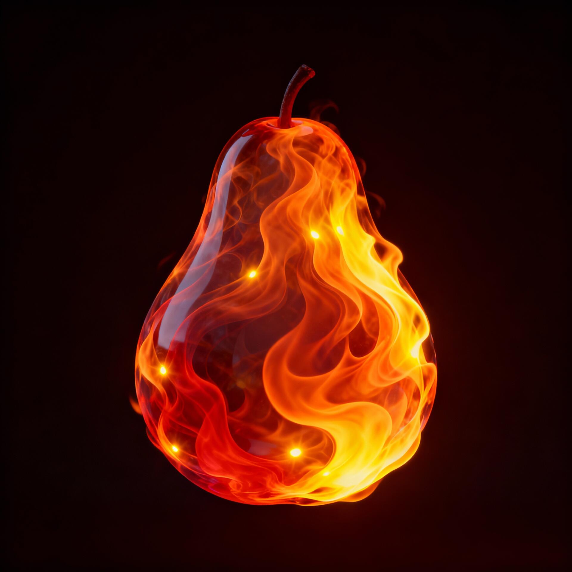 Fiery pear avatar: a pear-shaped icon engulfed in swirling orange-red flames with ember sparks on a dark background.