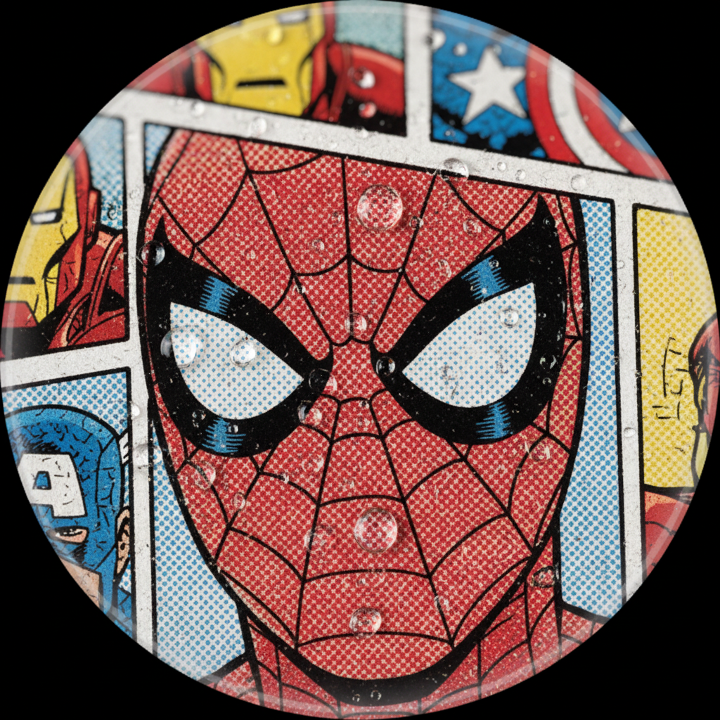 Circular Marvel Comics profile avatar showing Spider-Man's masked face in comic-panel halftone style with partial Iron Man and Captain America panels.