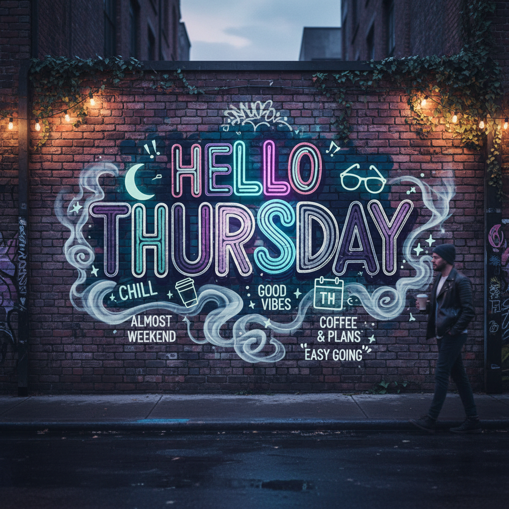 Forum avatar/profile photo: neon mural reading HELLO THURSDAY on a brick wall, framed by string lights, coffee icons and chill smoke motifs — thursday, hello Thursday, Thursday vibes.