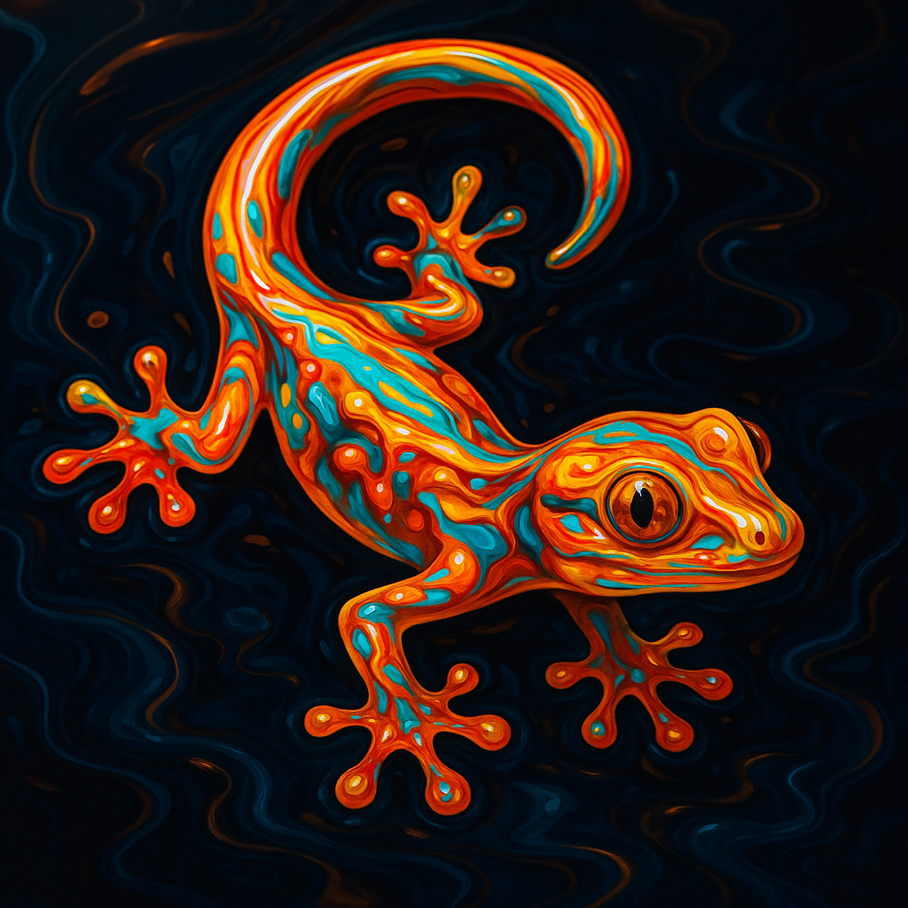 Bold neon orange and teal stylized gecko with swirling patterns and glossy highlights, shown as a forum avatar/profile photo.