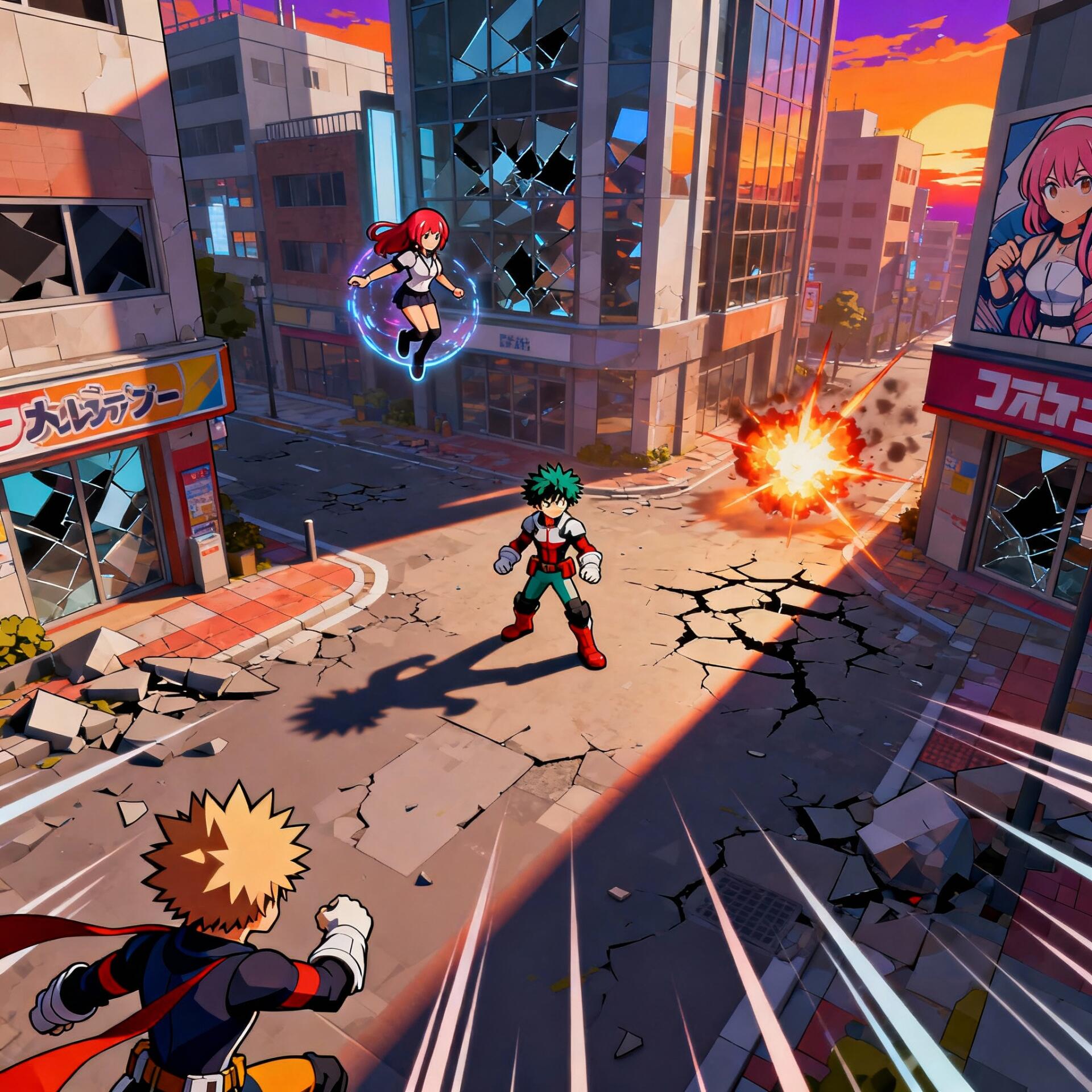 My Hero Academia forum avatar/pfp: Izuku Midoriya in a cracked city street at sunset, facing Bakugo while Uraraka floats nearby, explosions and shattered buildings around them.