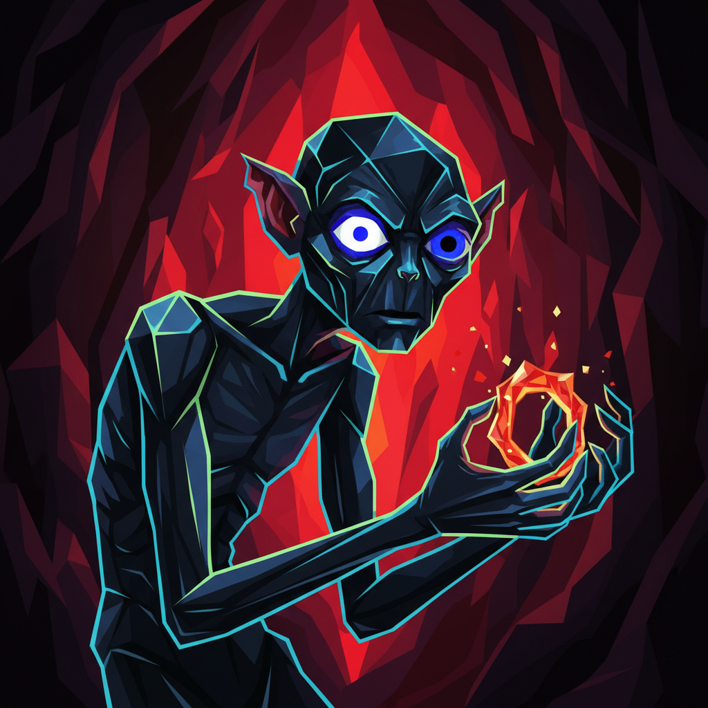 Geometric Gollum forum avatar: gaunt blue-green figure with glowing eyes clutching a fiery ring in a red, faceted cave background.