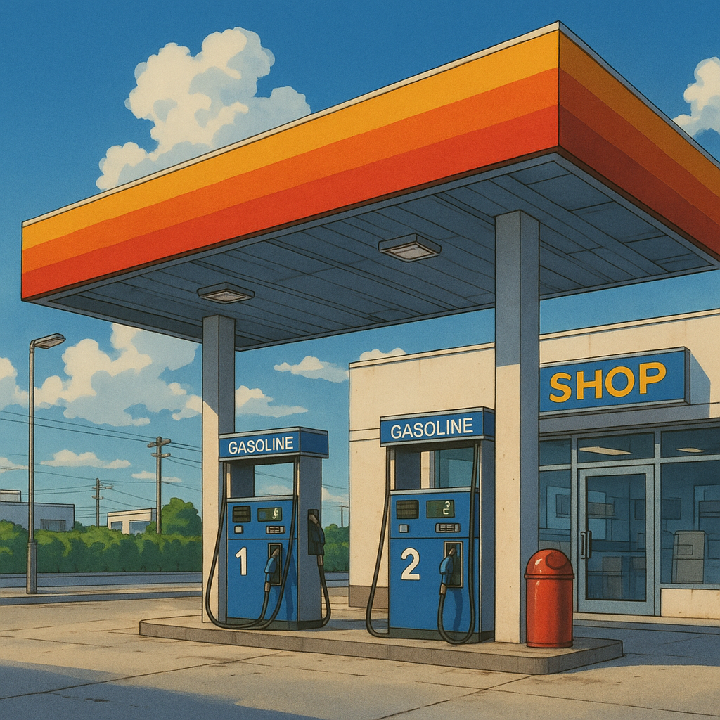 Cartoon gas station with two blue pumps under an orange canopy beside a small shop and sunny sky — used as a forum avatar/profile photo.