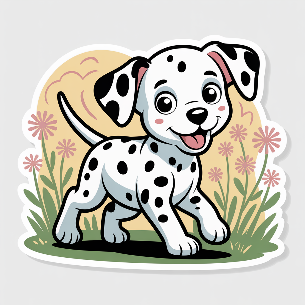 Sticker-style cartoon Dalmatian puppy pfp: smiling spotted pup standing on grass with flowers, rendered as a forum avatar.