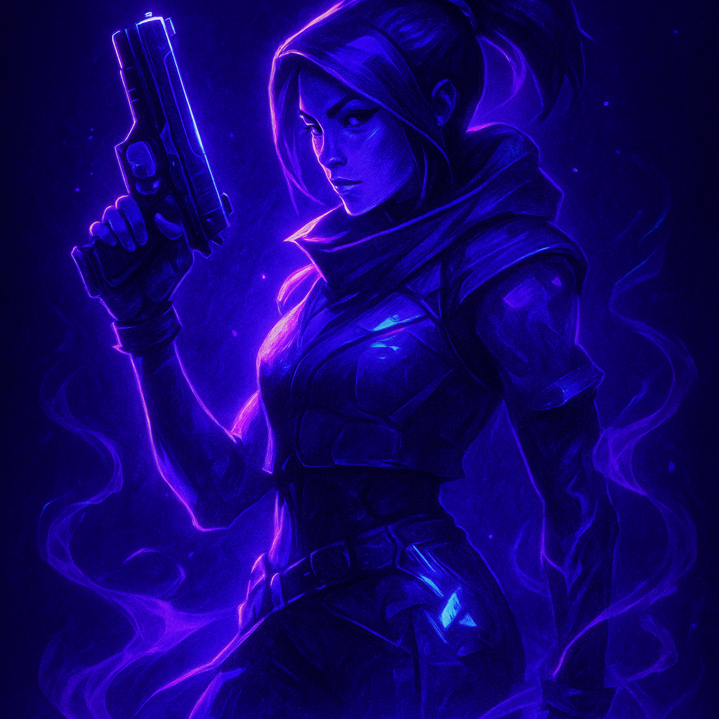 Valorant forum avatar/pfp: purple-lit female agent holding a pistol, enveloped in glowing smoke and neon energy.