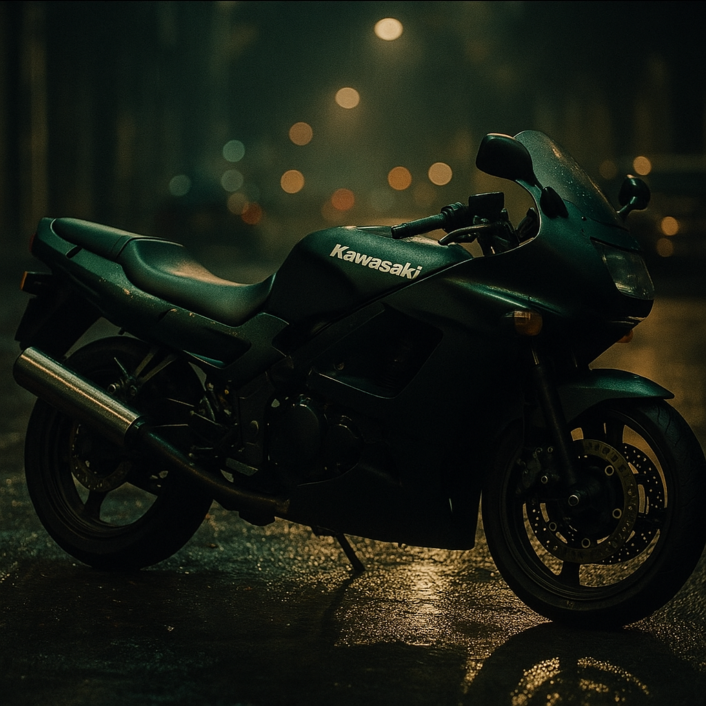 Forum avatar/pfp showing a dark green Kawasaki sportbike parked on a wet street at night with blurred city lights in the background.