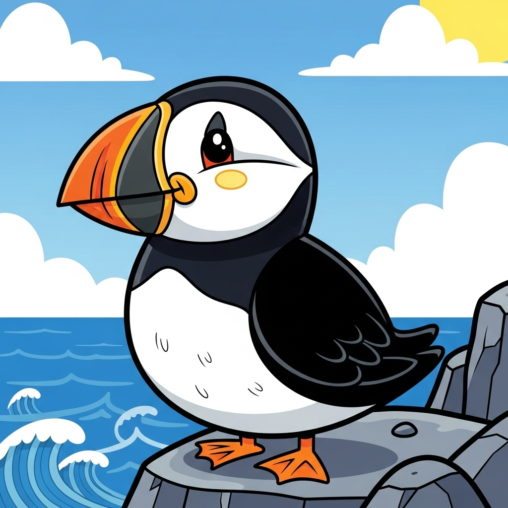 Cute cartoon puffin forum avatar/pfp perched on a rocky shore with waves and a bright blue sky.