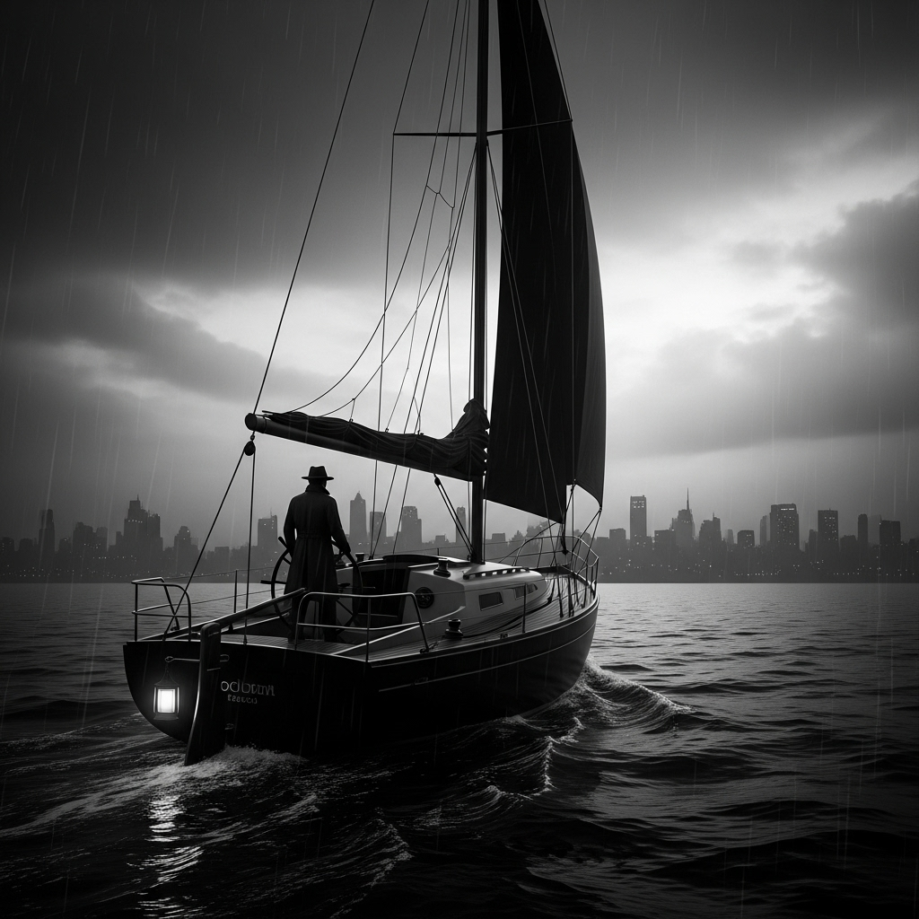 Black-and-white forum avatar: a lone sailor stands on a sailboat at dusk with a city skyline on the horizon.