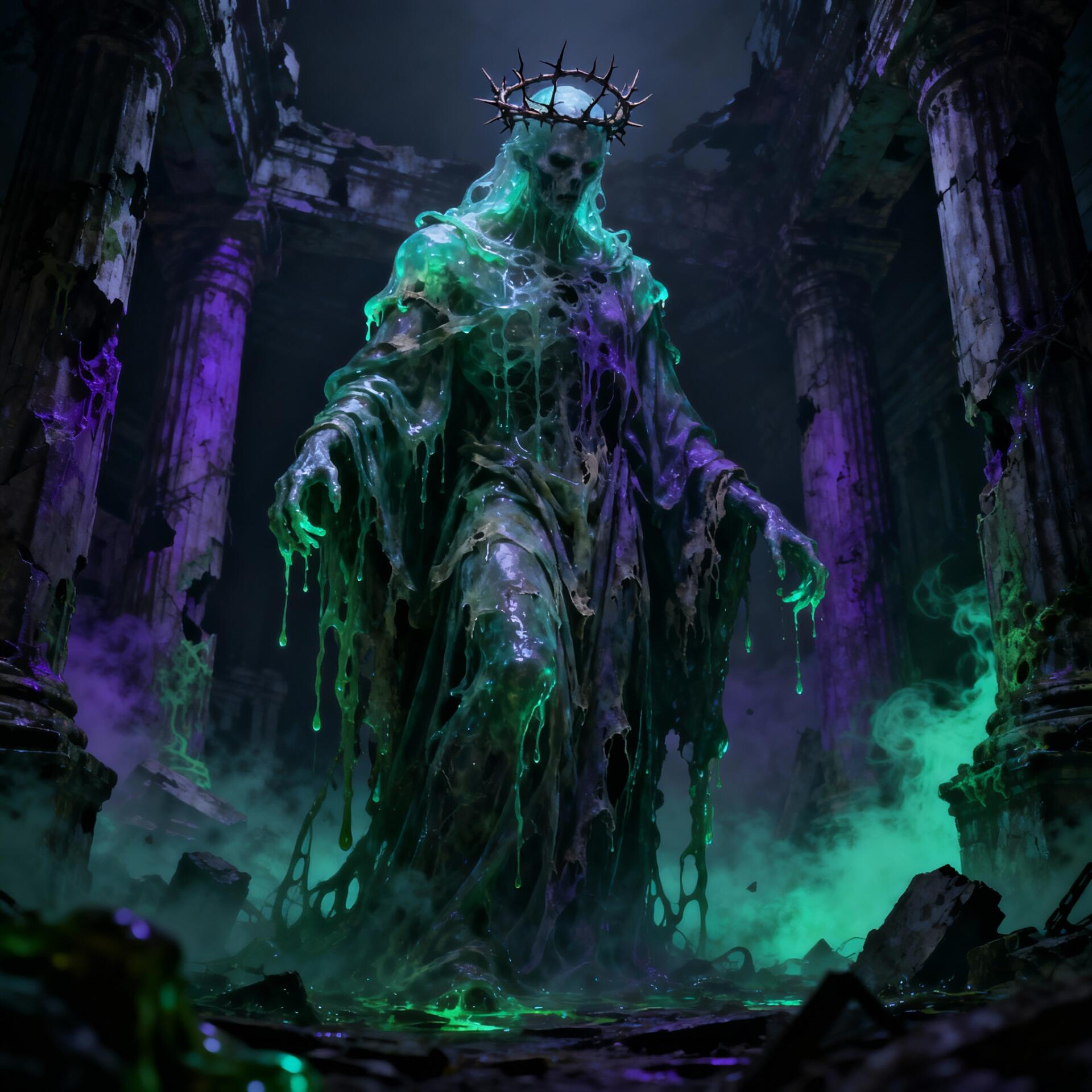 Forum avatar/pfp: towering, decayed Forgotten God — crown of thorns, dripping tattered robes, glowing green-purple mists amid a crumbling temple.