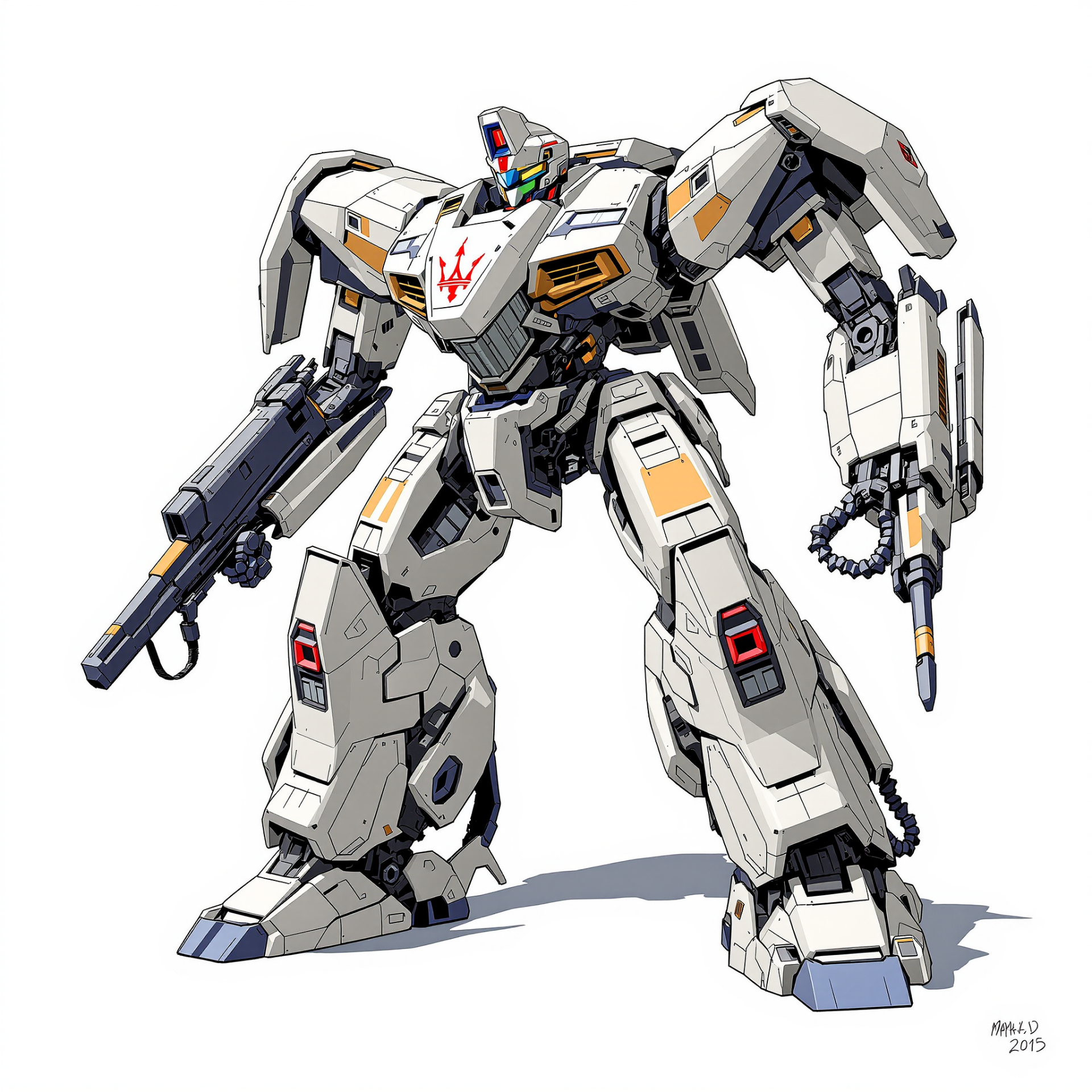 Forum avatar/pfp: white anime-style mech in wide stance, armed with a rifle and drill-like arm, red chest emblem, angular armor plating and shadow beneath.