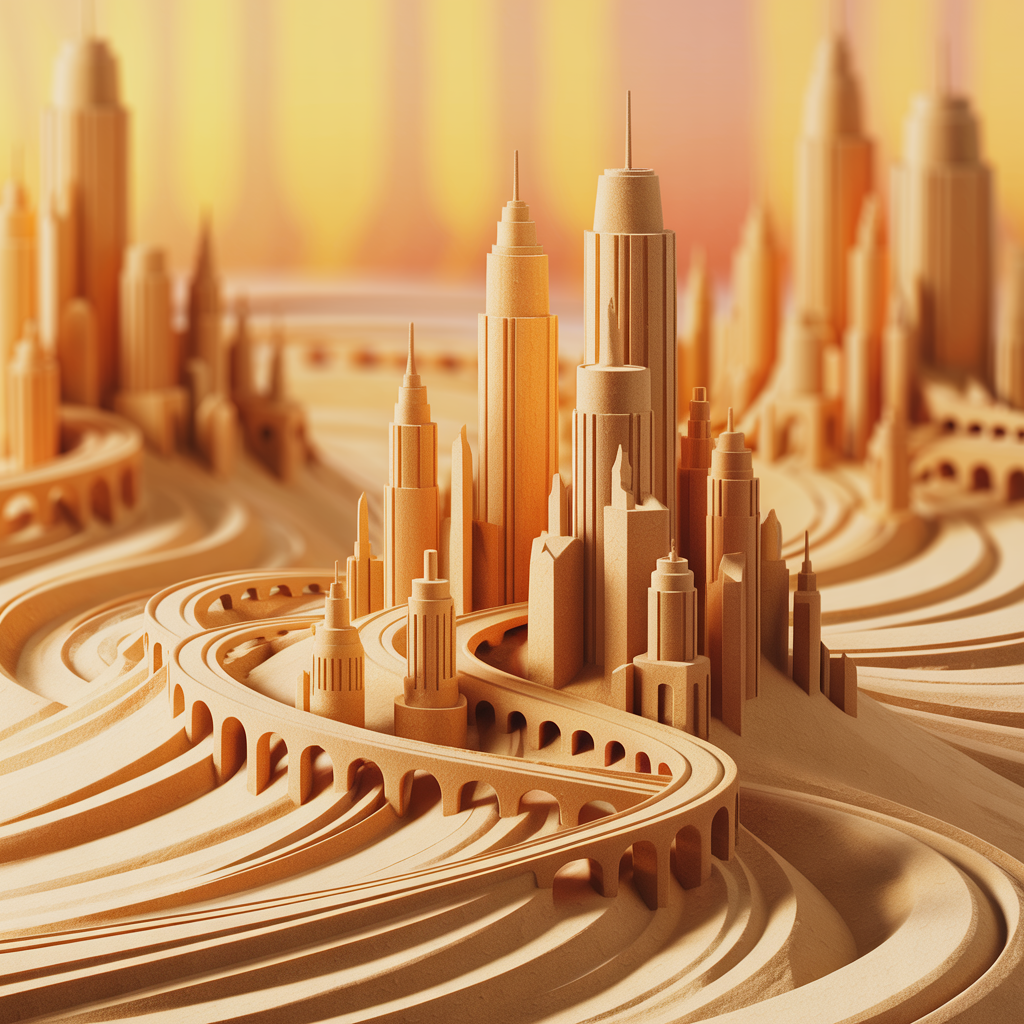 Forum avatar/profile photo: stylized concrete jungle of layered skyscrapers and sweeping curving roads in warm golden concrete tones.