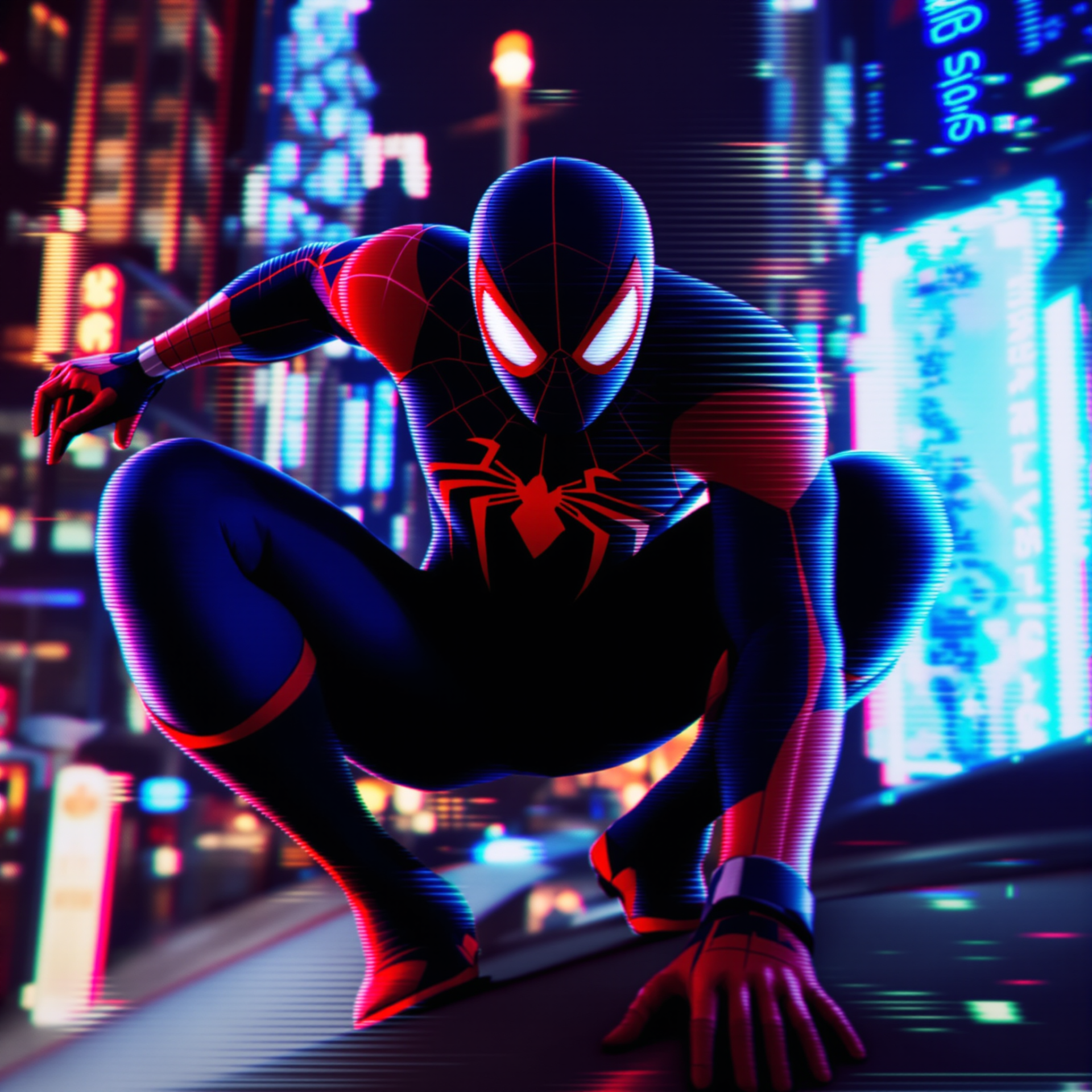 Forum avatar/pfp: Miles Morales as Spider-Man (Spider-Man: Into The Spider-Verse) crouched on a neon-lit rooftop, glowing mask eyes and blurred city lights behind him.