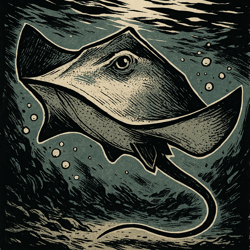 Woodcut-style stingray illustration in muted greens and blacks, used as a forum avatar/profile photo.