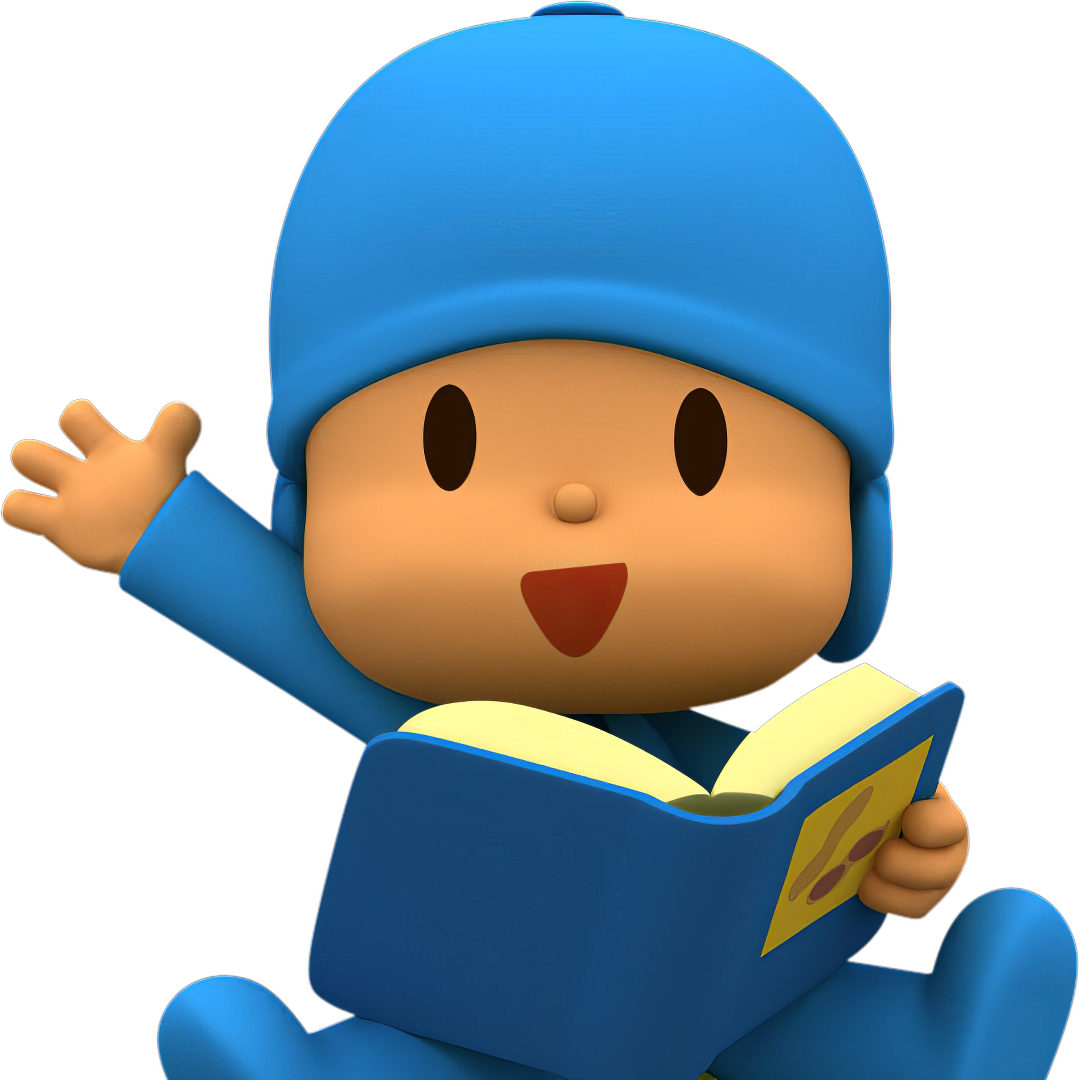 Forum avatar of Pocoyo from the TV show, smiling and waving while holding an open blue book.